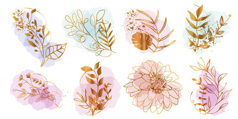 Set of floral frames with different grasses, ferns and leaves. Flower wreaths with ornaments and gold glitter effects. Element design. Vector illustration with colorful watercolors and gold.