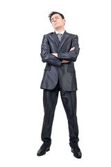 Arrogant man in elegant suit. White background.