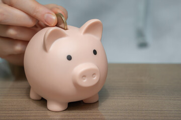 Female hands puts a coin in a piggy bank close-up. Saving and accumulating money, financial security, budget planning and investment.