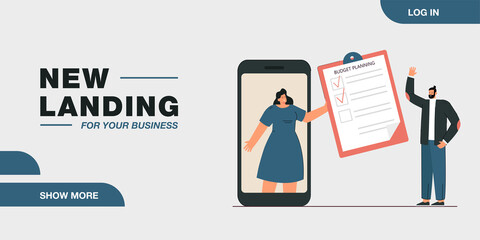 Businesswoman on phone screen showing budget plan to man. Business characters discussing financial planning flat vector illustration. Budget, finances concept for banner or landing web page