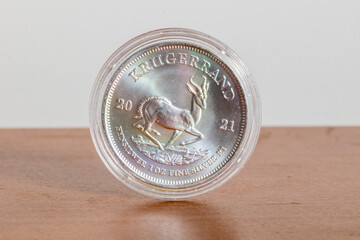 1 oz silver South African Krugerrand. Fine silver bullion coin.