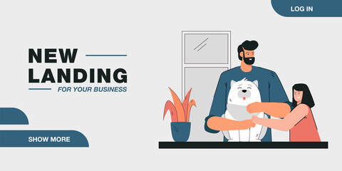 Father presenting pet to his daughter. Man and his child petting dog flat vector illustration. Family, childhood, animal adoption, friendship concept for banner, website design or landing web page