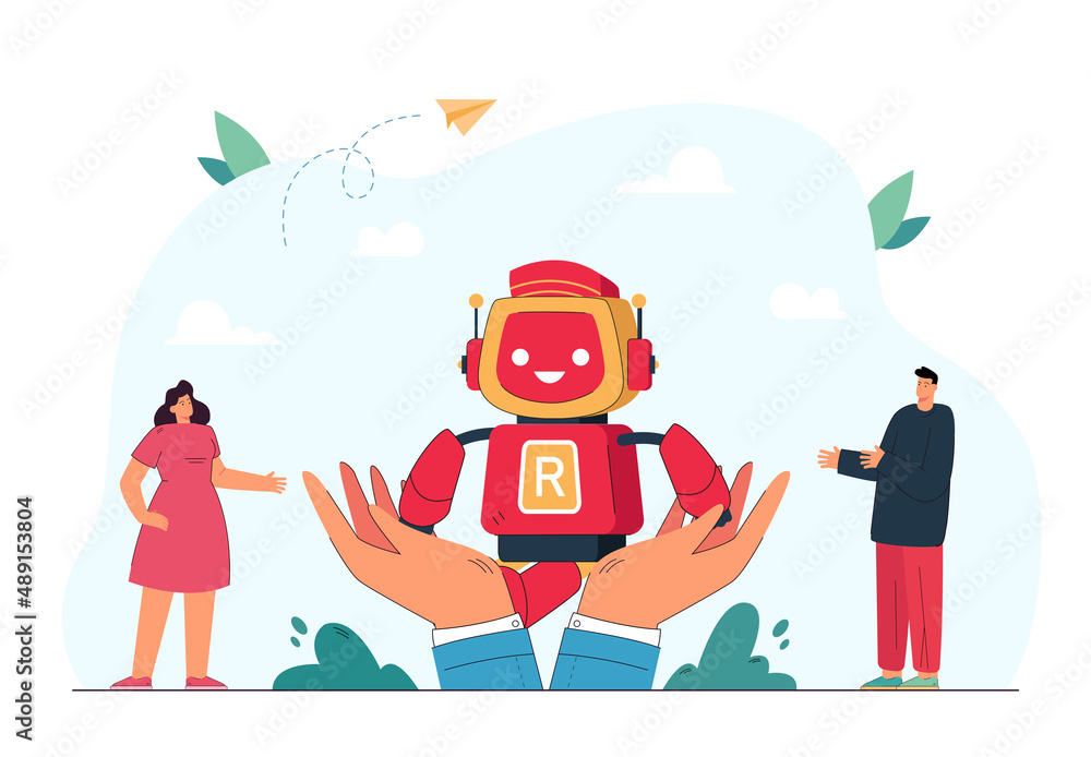 Poster presentation of robot by businessmans hands. person giving ai technology to tiny man and woman flat 