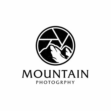 Mountain Landscape with Symbol Lens for Outdoor Nature Photography Adventure Photographer Logo Design