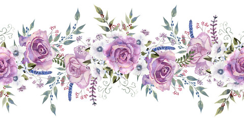 Seamless border with purple roses and anemones. Hand-drawn watercolor illustration