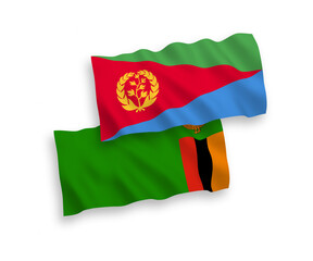 National vector fabric wave flags of Republic of Zambia and Eritrea isolated on white background. 1 to 2 proportion.