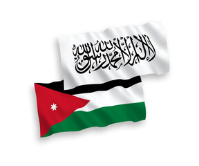 National vector fabric wave flags of Taliban and Hashemite Kingdom of Jordan isolated on white background. 1 to 2 proportion.
