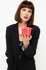 photo pretty woman posing with red gift box surprise Lifestyle unaltered