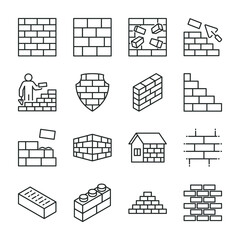 Brick wall icons set. Line with editable stroke - obrazy, fototapety, plakaty
