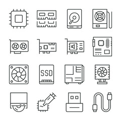 Personal computer hardware components icons set. Line with editable stroke