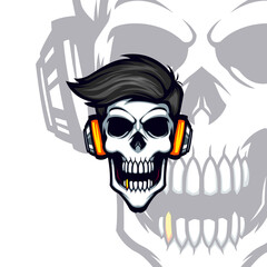 Slick black haired skull wearing yellow headphone vector mascot