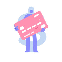 Flat modern character stands with a large plastic credit card. Payment technology. Banking services. Business Concept illustration with man taking part in business activities