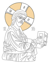Orthodox icon of Jesus Christ. Savior Christ with gospel. Vector illustration. Linear hand drawing, outline. For decoration of Orthodox and Catholic holidays. Christ Ruler of All