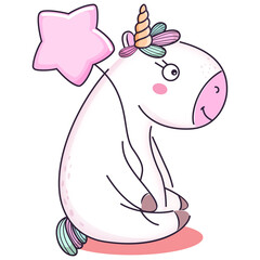 Cute cartoon magic unicorn for kids. Vector illustration.