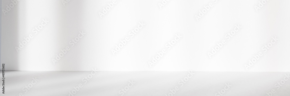 Poster Abstract white studio background for product presentation. Empty room with shadows of window. Display product with blurred backdrop. Banner