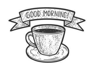 Good morning coffee cup sketch engraving vector illustration. T-shirt apparel print design. Scratch board imitation. Black and white hand drawn image.