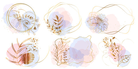 Set of floral frames with different grasses, ferns and leaves. Flower wreaths with ornaments and gold glitter effects. Element design. Vector illustration with colorful watercolors and gold.
