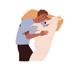 Person and dog lying together, relaxing. Happy pet owner and loyal affectionate doggy friend resting. Man hugging cute adorable canine animal. Flat vector illustration isolated on white background