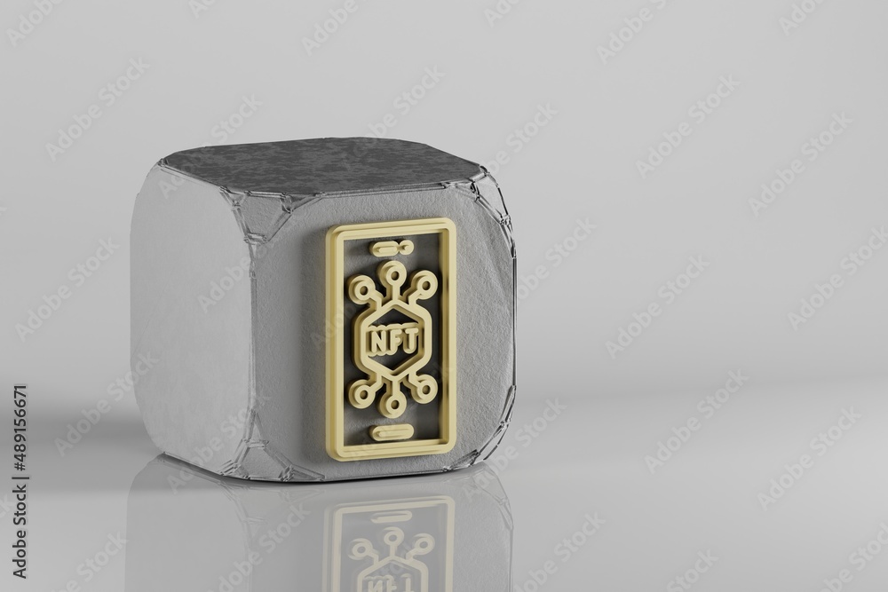 Aufkleber NFT Smartphone icon. Beautiful Golden NFT symbol icons on a beton cube and ceramic background. 3d rendering illustration. Background pattern for design.