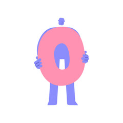 Trendy flat modern character holding number 0, nil. Man showing big number. Education, birthday, celebrating achievements concept, sale and discount. Cartoon comic style.