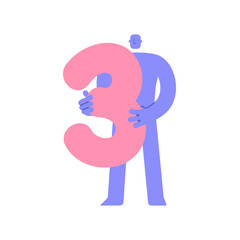 Trendy flat modern character holding number 3, three. Man showing big number. Education, birthday, celebrating achievements concept, sale and discount. Cartoon comic style.