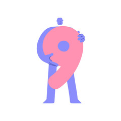 Trendy flat modern character holding number 9, nine. Man showing big number. Education, birthday, celebrating achievements concept, sale and discount. Cartoon comic style.