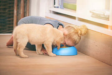 Friends forever...you eat, I eat. An adorable little girl sharing a bowl of food with her puppy at...