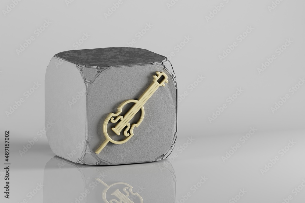 Poster inclined cello icon. beautiful golden music symbol icons on a beton cube and white ceramic backgroun