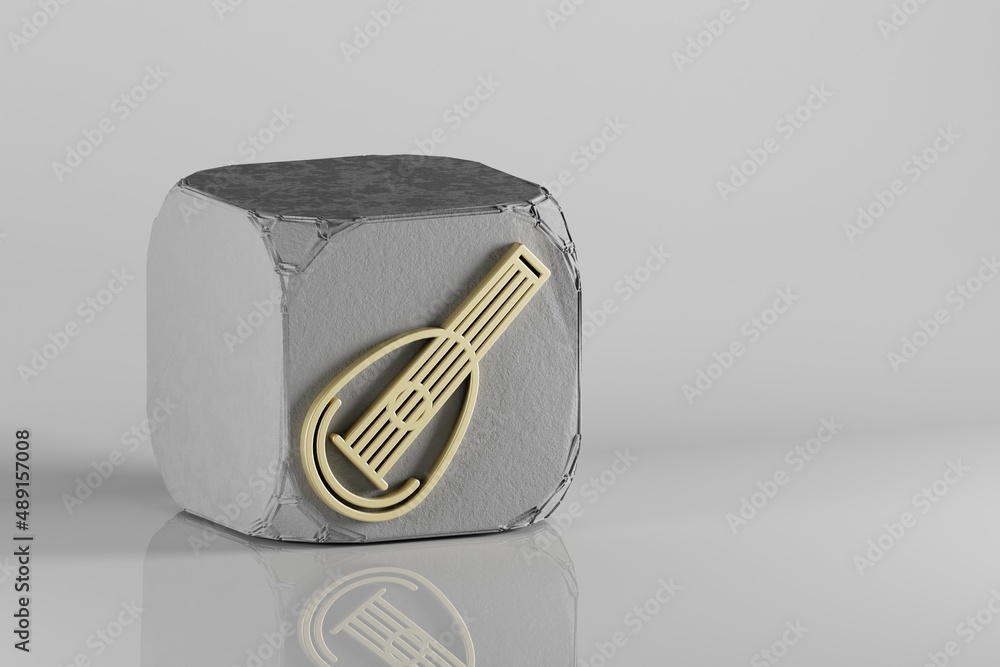 Poster inclined mandolin icon. beautiful golden music symbol icons on a beton cube and white ceramic backgr