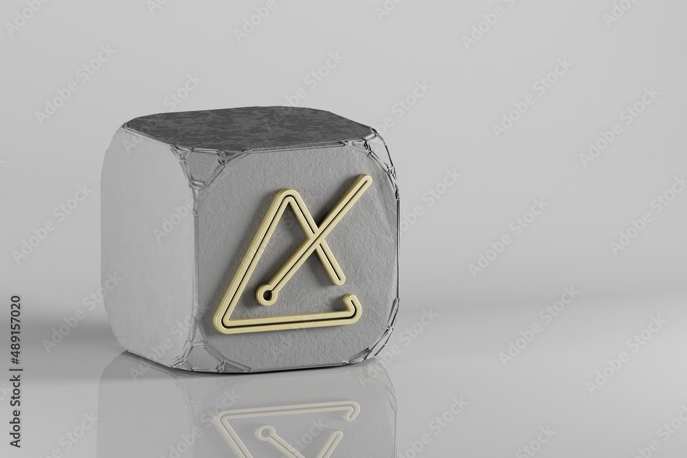 Poster music triangle icon. beautiful golden music symbol icons on a beton cube and white ceramic backgroun