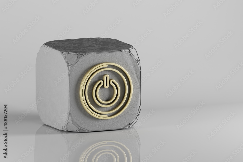 Aufkleber Round Power Button icon. Beautiful Golden music symbol icons on a beton cube and white ceramic background. 3d rendering illustration. Background pattern for design.