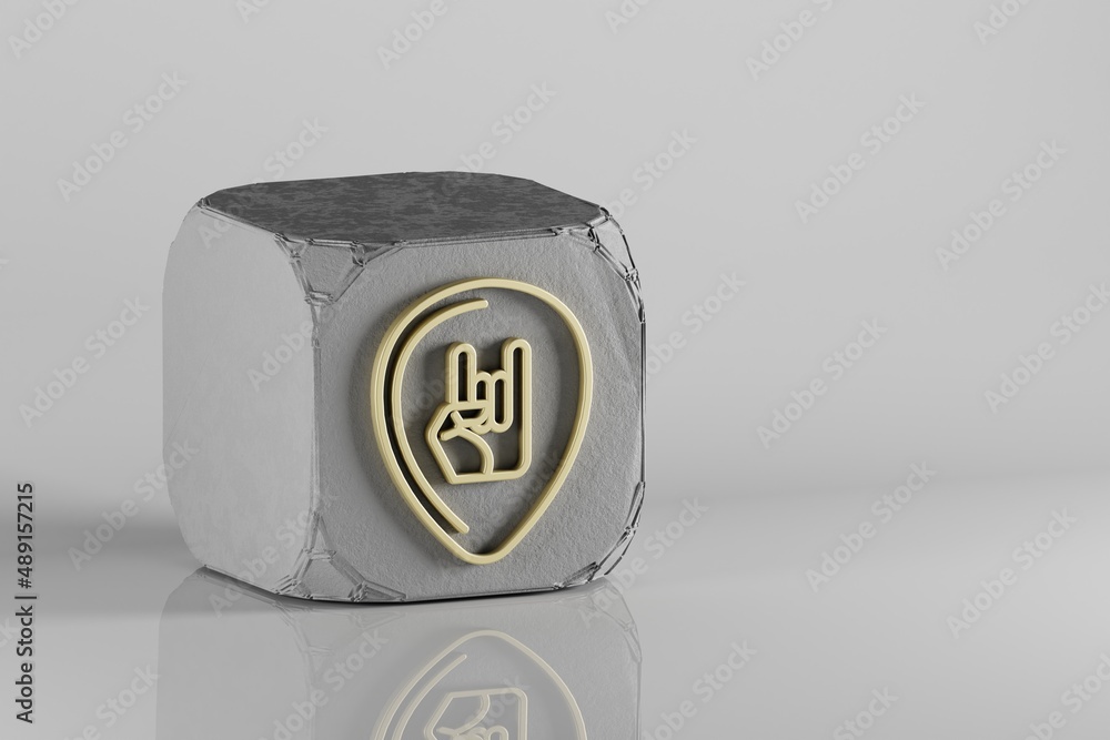 Poster guitar plectrum with hand icon. beautiful golden music symbol icons on a beton cube and white cerami