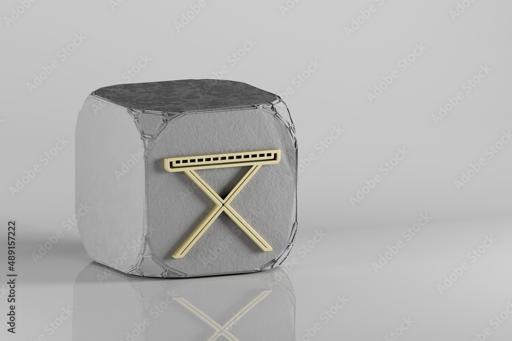 Poster Synthesizer with Support icon. Beautiful Golden music symbol icons on a beton cube and white ceramic background. 3d rendering illustration. Background pattern for design.