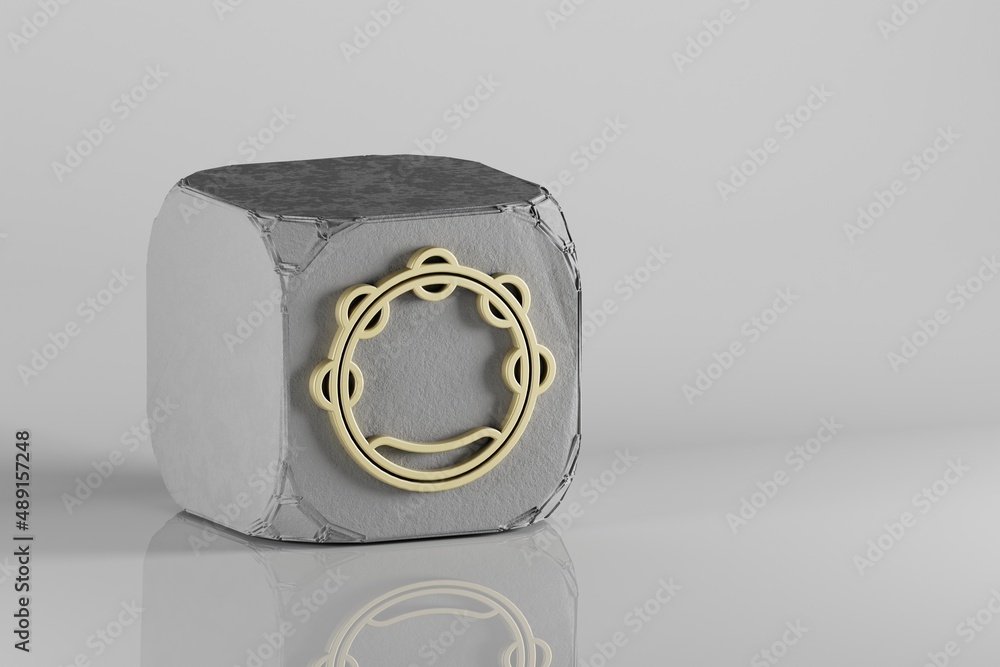 Poster big tambourine icon. beautiful golden music symbol icons on a beton cube and white ceramic backgroun