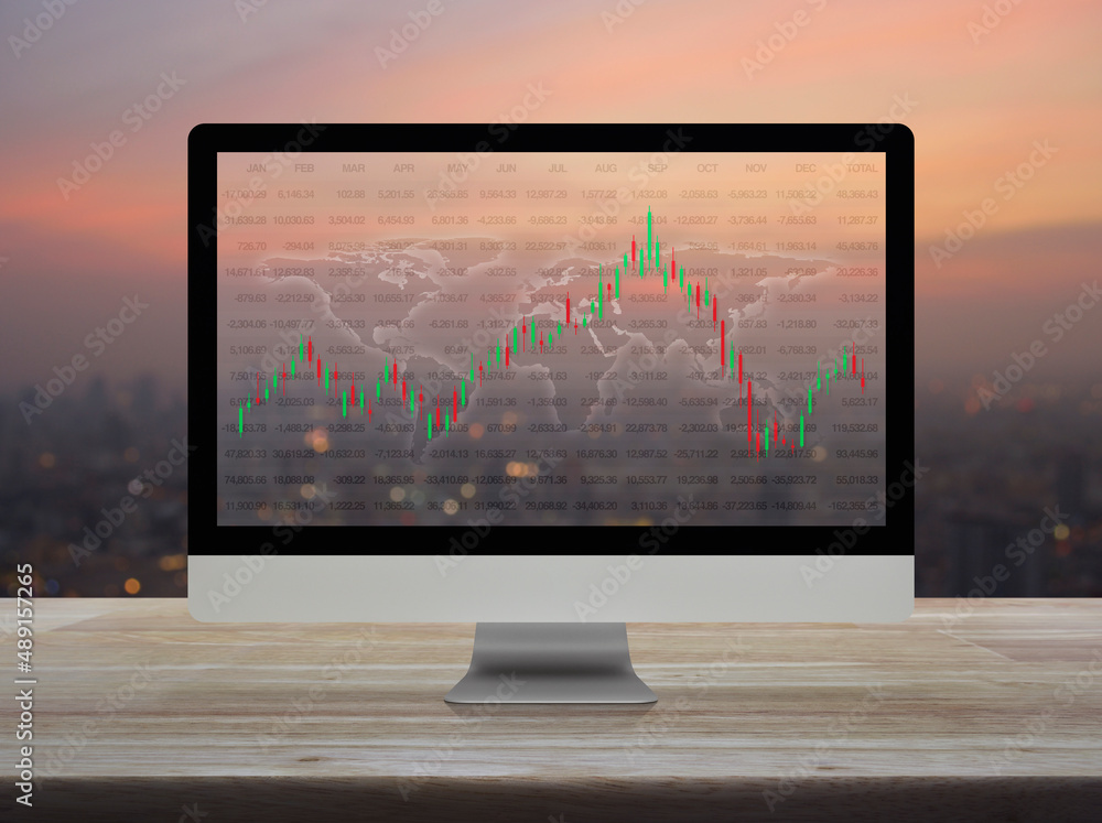 Poster trading graph of stock market with world map and graph on modern computer monitor screen on wooden t