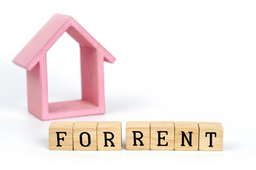For Rent property Concept. Buy Rent word is written on wood block and model house on white background.	
