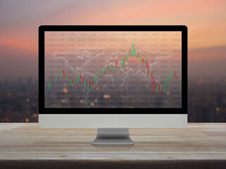 Trading graph of stock market with world map and graph on modern computer monitor screen on wooden table over blur of cityscape on warm light sundown, Business investment online concept, Elements of t