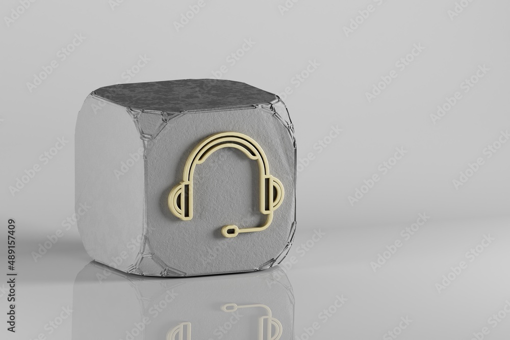 Poster big headphones with microphone icon. beautiful golden music symbol icons on a beton cube and white c