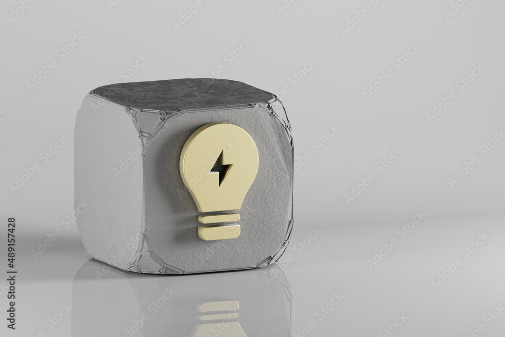 Poster electricity icon. beautiful golden symbol icons on a beton cube and white ceramic background. 3d ren