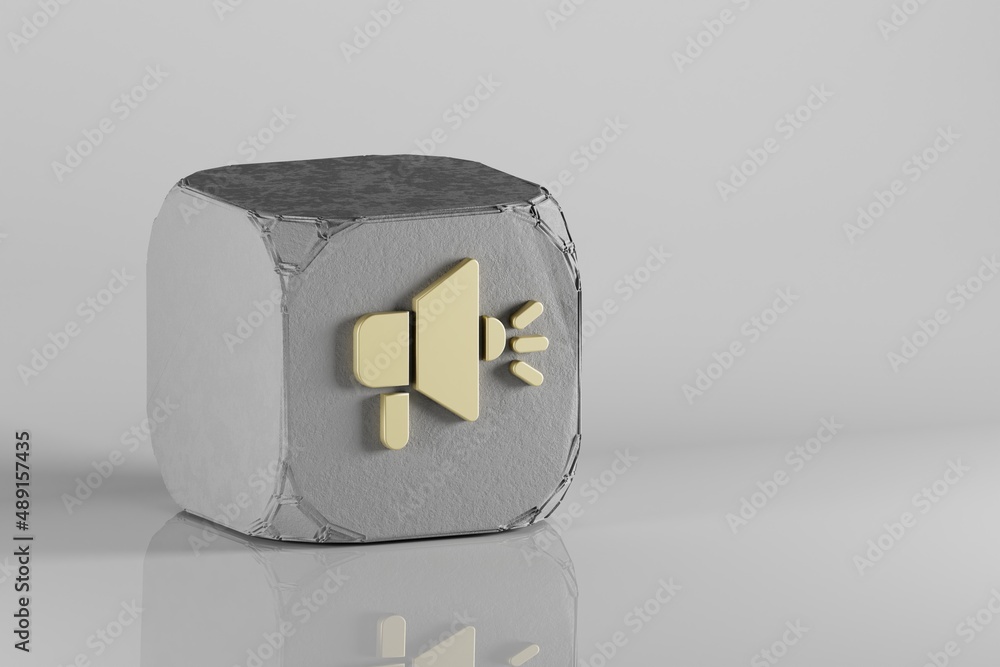 Poster megaphone icon. beautiful golden symbol icons on a beton cube and white ceramic background. 3d rende
