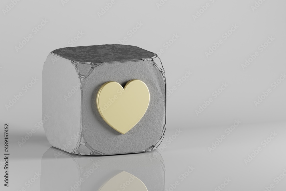 Aufkleber heart icon. beautiful golden symbol icons on a beton cube and white ceramic background. 3d rendering