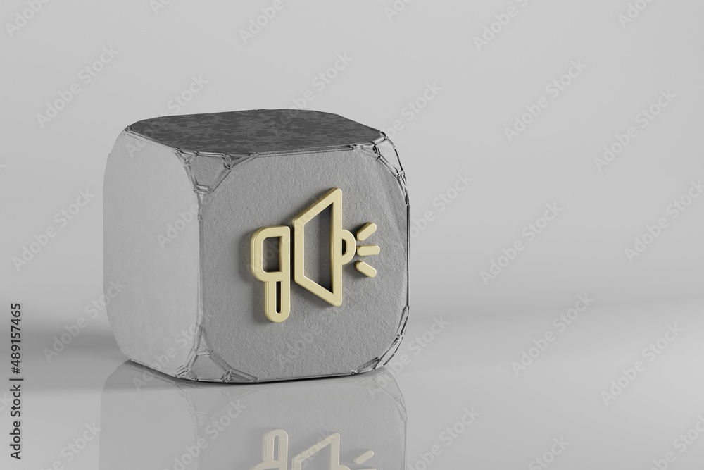 Aufkleber megaphone icon. beautiful golden symbol icons on a beton cube and white ceramic background. 3d rende