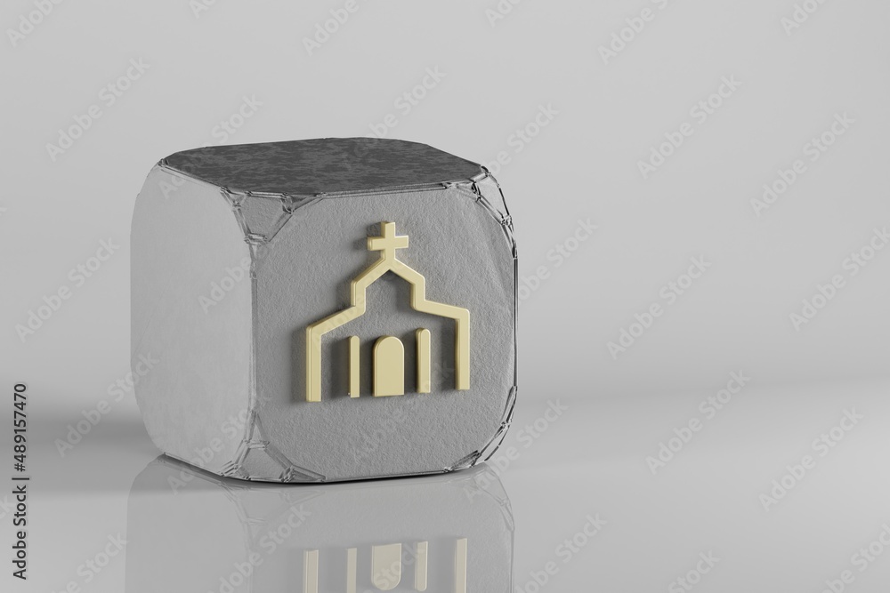 Poster church icon. beautiful golden symbol icons on a beton cube and white ceramic background. 3d renderin