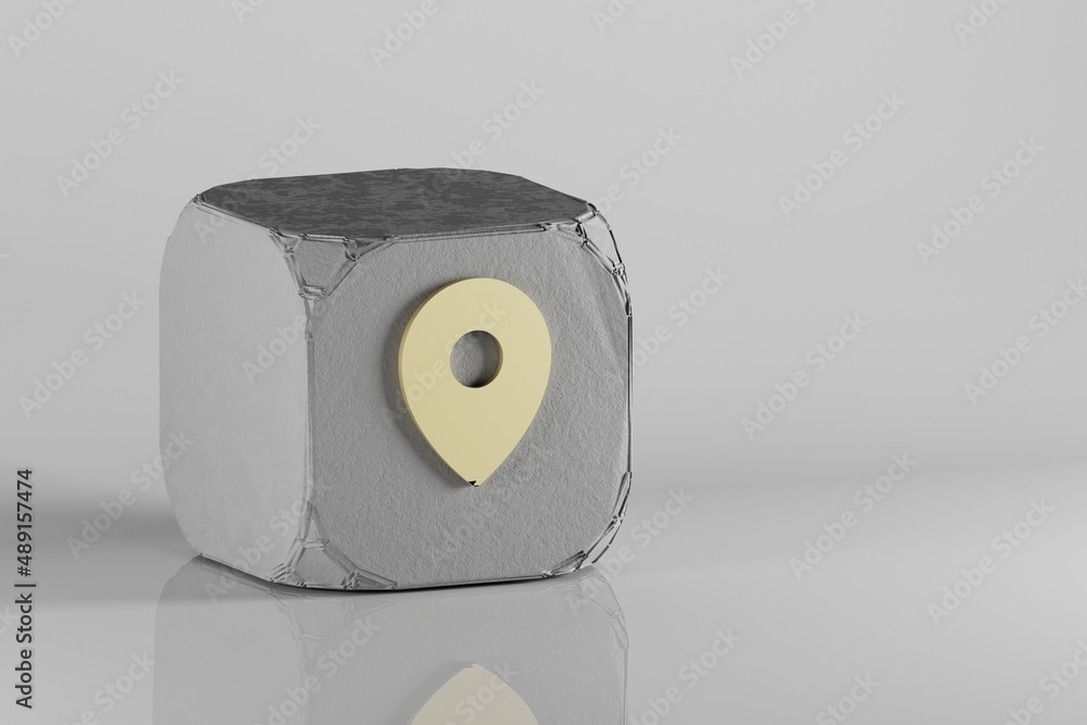 Poster location icon. beautiful golden symbol icons on a beton cube and white ceramic background. 3d render