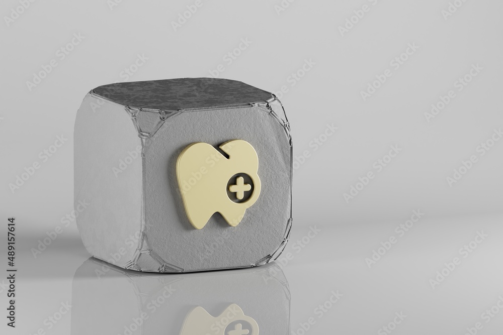 Poster odontology icon. beautiful golden symbol icons on a beton cube and white ceramic background. 3d rend