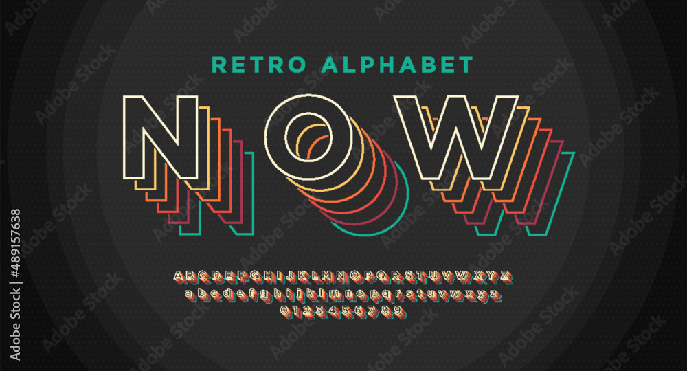 Fototapete retro font in 90s, 80s style with colorful layers. letters and numbers included. outline layered col