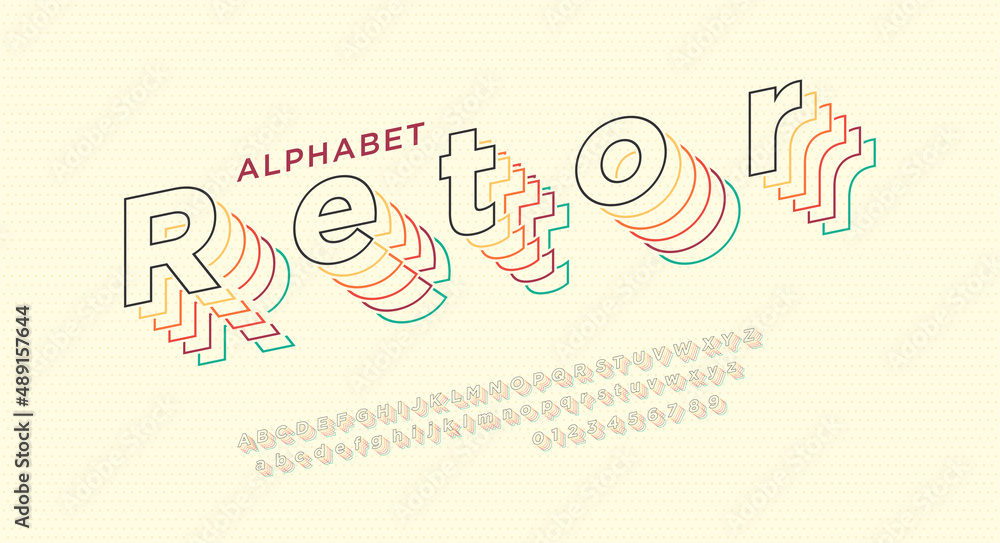 Fototapete oblique retro font in 90s, 80s style with colorful layers. letters and numbers included. outline lay