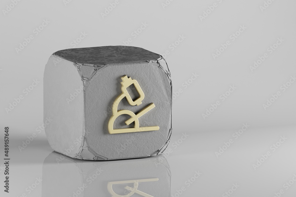 Poster Microscope icon. Beautiful Golden symbol icons on a beton cube and white ceramic background. 3d rendering illustration. Background pattern for design.