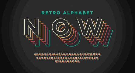 Retro font in 90s, 80s style with colorful layers. Letters and numbers included. Outline layered colored font. Vector alphabet abc