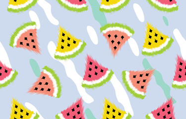 Ethnic cute watermelon ikat art. Seamless watermelon light blue background, The seamless cute pattern in a girl or baby fashion, Fresh and juicy colorful fruit in summer. Vector design for fashion